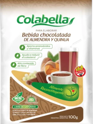 Paquete de bebida chocolatada de almendra y quinua Colabella de 100 gramos, con beneficios nutricionales y sin gluten