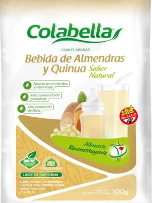 Paquete de bebida en polvo para preparar bebida de almendras y quinua sabor natural Colabella, 100 gramos, con indicaciones de ser libre de gluten, sin TACC, y alto en proteínas y fibra