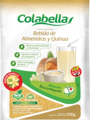 Paquete de bebida instantánea de almendra y quinua sabor vainilla Colabella de 100 gramos, con información sobre beneficios nutricionales y libre de gluten y saponina.