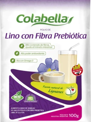 Paquete de polvo de lino con fibra prebiótica Colabella, 100 gramos, con beneficios para el tránsito intestinal y fuente natural de lignanos