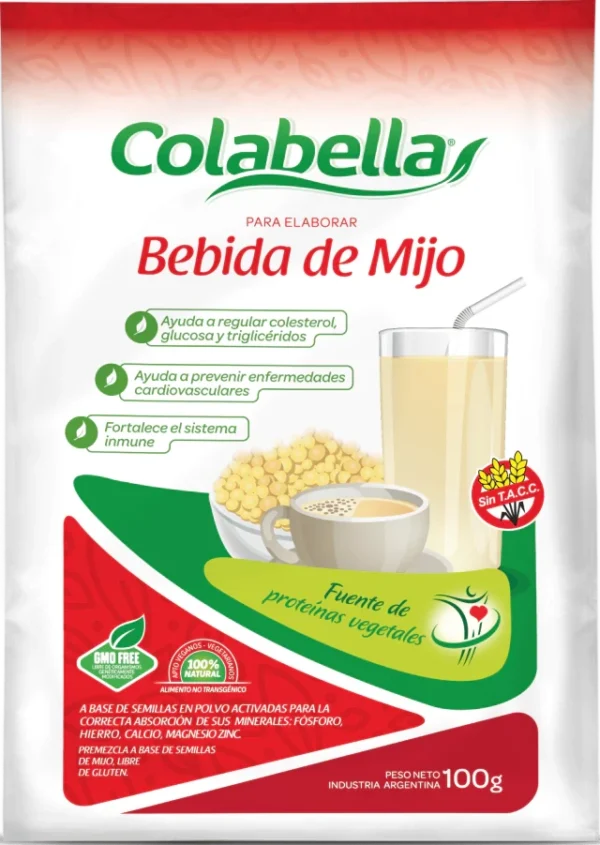 bebida-mijo Paquete de bebida de mijo Colabella en polvo de 100 gramos, leche vegetal sin gluten, libre de organismos genéticamente modificados