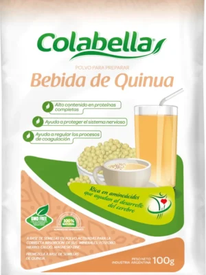 Paquete de polvo para preparar bebida de quinua Colabella, con imagen de vaso con bebida y tazón con semillas
