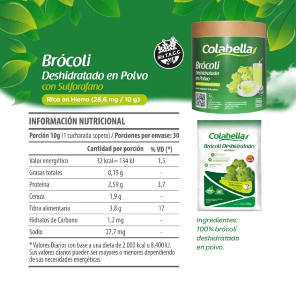 brocoli-deshidratado-en-polvo-100-gr Envase y sobre de brócoli deshidratado en polvo Colabella con información nutricional y beneficios