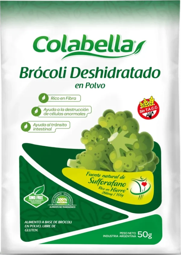 brocoli-polvo Paquete de Brócoli Deshidratado en Polvo Colabella de 50 gramos con etiquetas de libre de gluten y GMO free