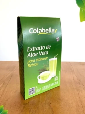 estuche-aloe-vera Paquete verde de extracto de aloe vera Colabella para elaborar bebida, sobre de 100 gramos