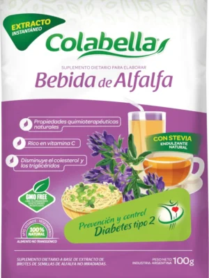 extracto-brotes-de-alfalfa Paquete de bebida instantánea de extracto de brotes de alfalfa Colabella con propiedades naturales, vitamina C y endulzante natural stevia, para prevención y control de diabetes tipo 2