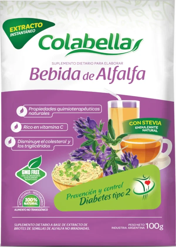 Paquete de bebida instantánea de extracto de brotes de alfalfa Colabella con propiedades naturales, vitamina C y endulzante natural stevia, para prevención y control de diabetes tipo 2