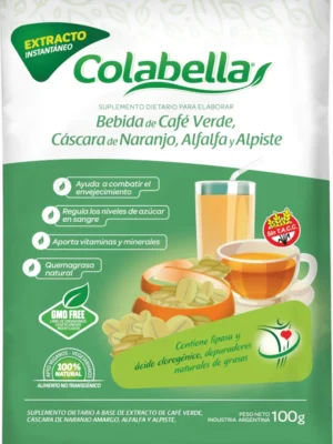 extracto-cafe-verde Bebida instantánea Colabella de extracto de café verde, cáscara de naranjo, alfalfa y alpiste en sobre de 100 gramos