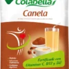 Sobre de 100 gramos de extracto instantáneo de canela Colabella para preparar bebida, fortificado con vitaminas C, B12 y D2, indicado para diabetes, infecciones respiratorias y problemas digestivos.