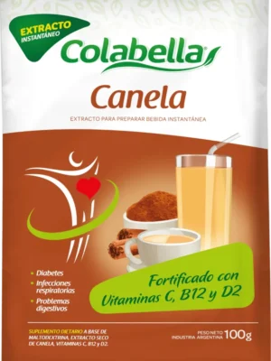 extracto-canela Sobre de 100 gramos de extracto instantáneo de canela Colabella para preparar bebida, fortificado con vitaminas C, B12 y D2, indicado para diabetes, infecciones respiratorias y problemas digestivos.