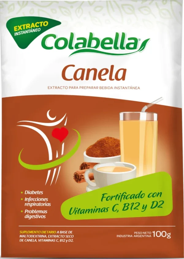 Sobre de 100 gramos de extracto instantáneo de canela Colabella para preparar bebida, fortificado con vitaminas C, B12 y D2, indicado para diabetes, infecciones respiratorias y problemas digestivos.