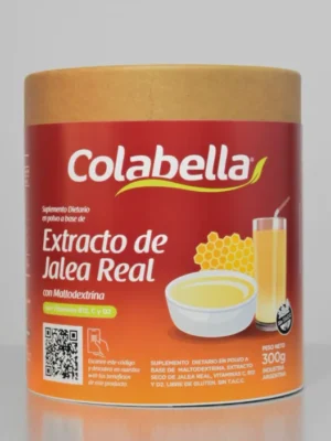 Envase de suplemento dietario Colabella con extracto de jalea real en polvo, pote de 300 gramos
