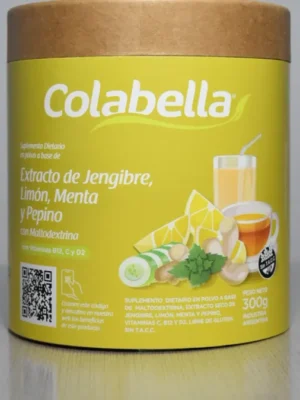 Envase amarillo de suplemento dietario Colabella con extracto en polvo de jengibre, limón, menta y pepino de 300 gramos