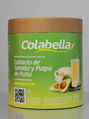 Envase de suplemento dietario en polvo Colabella, extracto de semilla y pulpa de palta, pote de 300 gramos