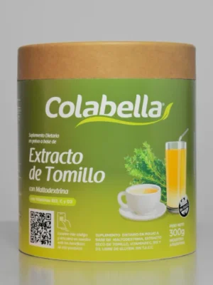 Envase de bebida en polvo de extracto de tomillo Colabella de 300 gramos con fondo verde y tapa marrón
