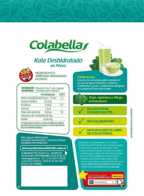 gourmet-kale-deshidratado Etiqueta de producto de kale deshidratado en polvo Colabella con información nutricional, ingredientes, modo de uso y beneficios como sin TACC, sin conservantes ni colorantes