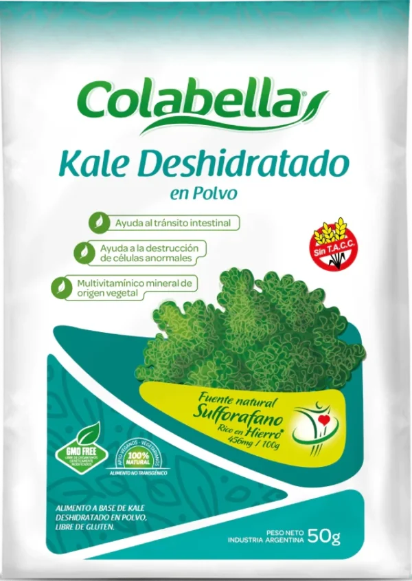 gourmet-kale-deshidratado-polvo Paquete de kale deshidratado en polvo Colabella de 50 gramos con información nutricional y beneficios para la salud