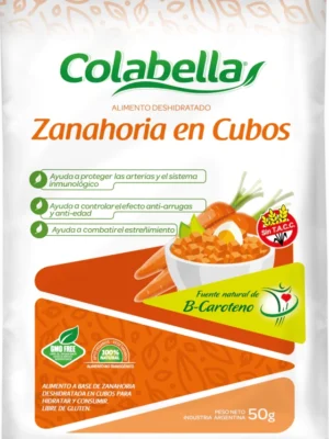 Paquete de zanahoria deshidratada en cubos Colabella de 50 gramos, con etiquetas de alimento natural, sin gluten y sin T.A.C.C.