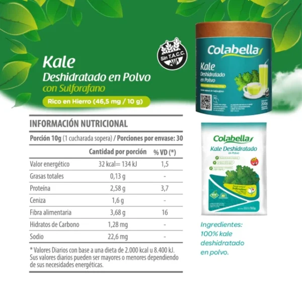 kale-deshidratado-en-polvo-100-gr Etiqueta de información nutricional y presentación del producto Kale deshidratado en polvo Colabella, sobre de 50 gramos