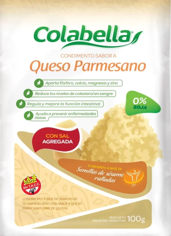 queso-parmesano-rallado-con-sal Envase de condimento Colabella sabor queso parmesano, elaborado con semillas de sésamo ralladas, con sal agregada, libre de gluten y sin soja, presentación de 100 gramos