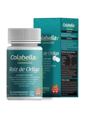Frasco y caja de comprimidos de Raíz de Ortiga Colabella, suplemento dietario de 60 comprimidos libre de gluten