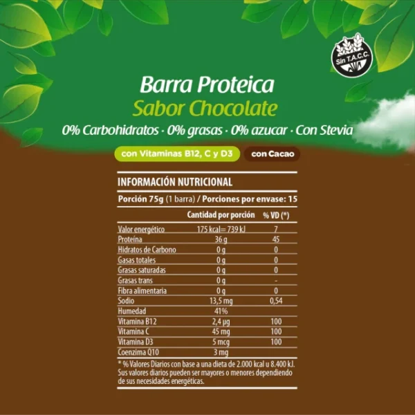 tabla-barras-chocolate Etiqueta nutricional de barra proteica sabor chocolate con coenzima Q10, sin TACC, sin carbohidratos, grasas ni azúcares, con stevia y vitaminas B12, C y D3